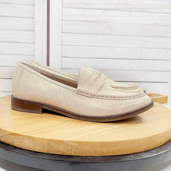 Vionic Waverly Leather Penny Loafers Cream Gold Shimmer 8 - Picture 1 of 11
